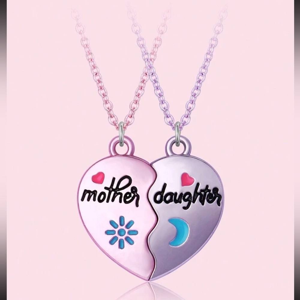 Mother Daughter Heart Necklace Set - Pink and Purple